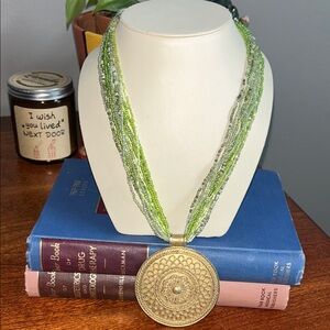 Source Unknown Green Multi-Strand Beaded Necklace with Gold Medallion